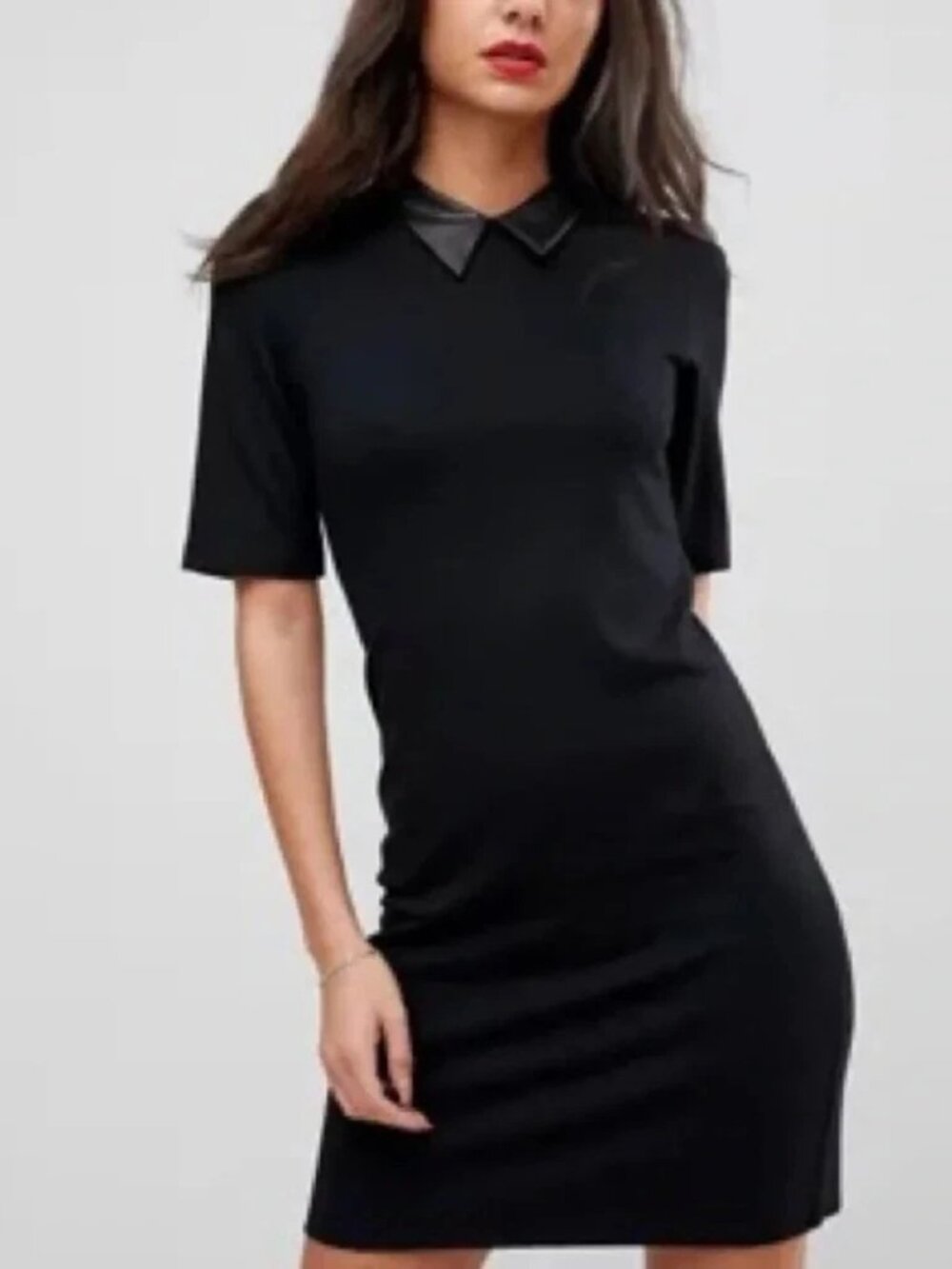 NWT Asos T-shirt Mini Dress Sz 0 Faux Leather Collar Black Wednesday Addams
